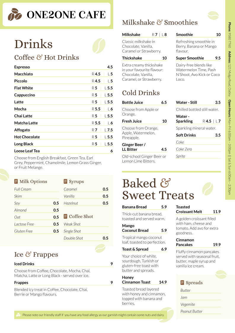 Menu, One2One Cafe Oatley