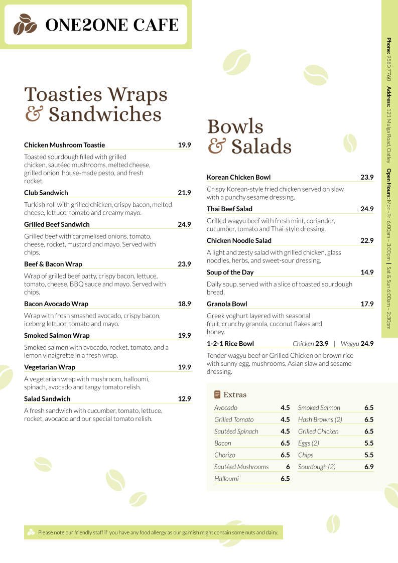 Menu, One2One Cafe Oatley