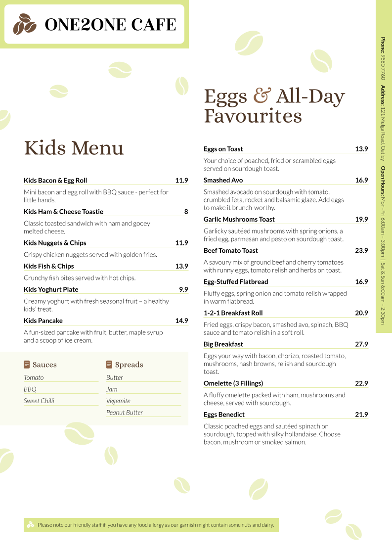 Menu, One2One Cafe Oatley