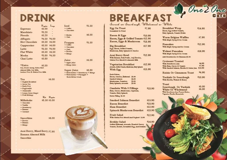 Menu, One2One Cafe Oatley