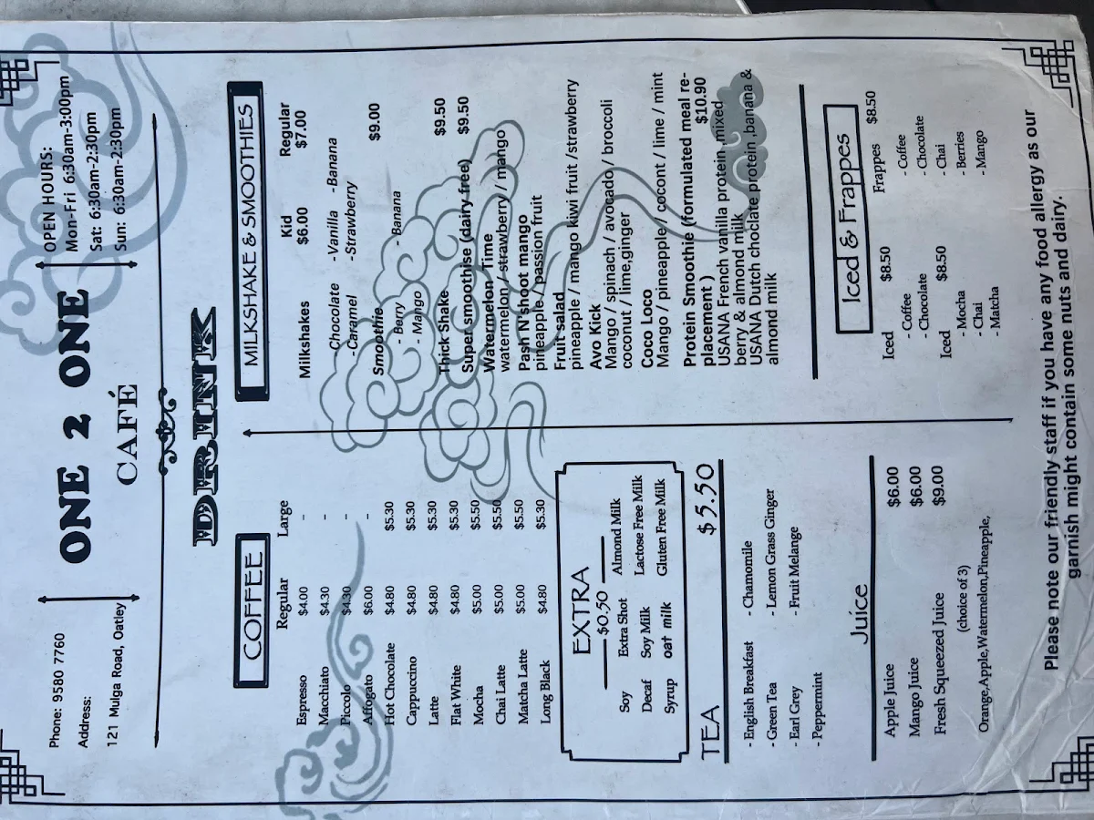 Menu, One2One Cafe Oatley