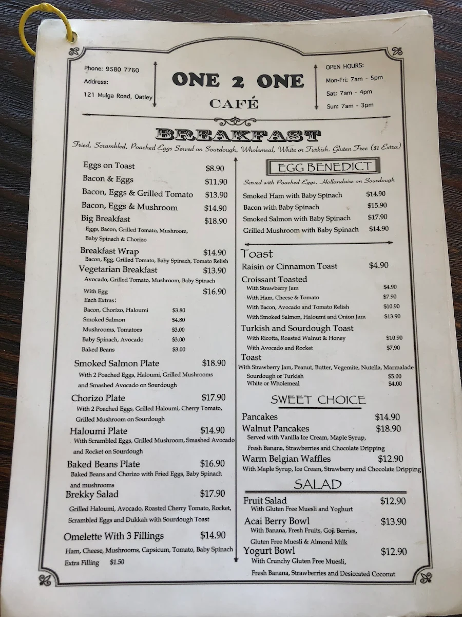 Menu, One2One Cafe Oatley