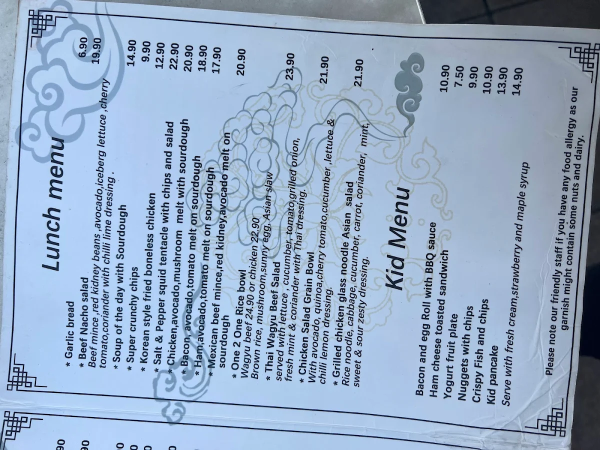Menu, One2One Cafe Oatley