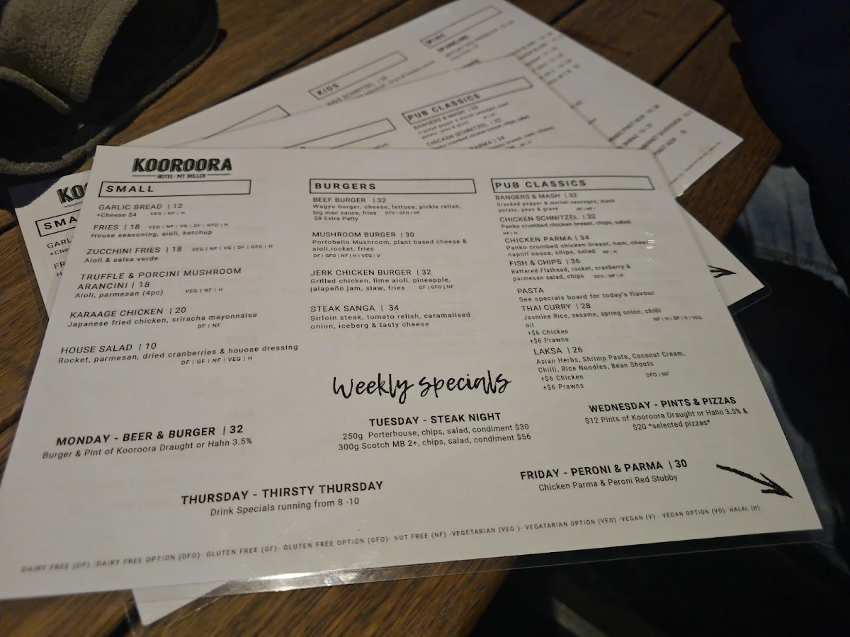 Menu, Kooroora Hotel