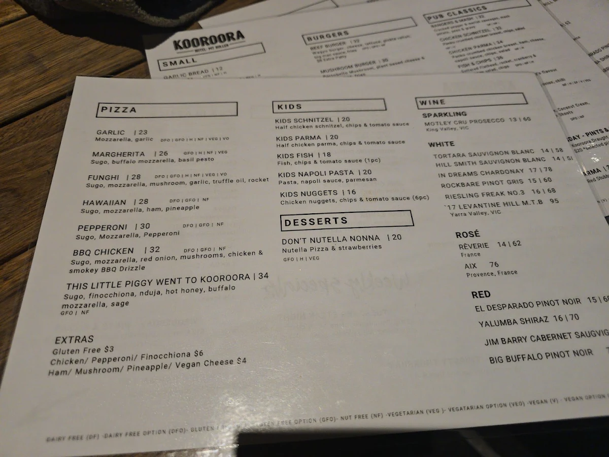 Menu, Kooroora Hotel