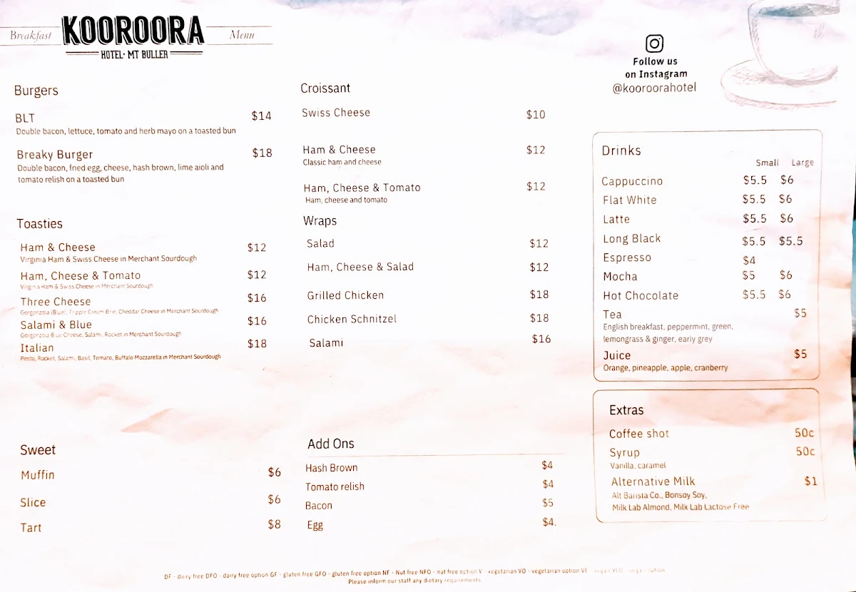 Menu, Kooroora Hotel