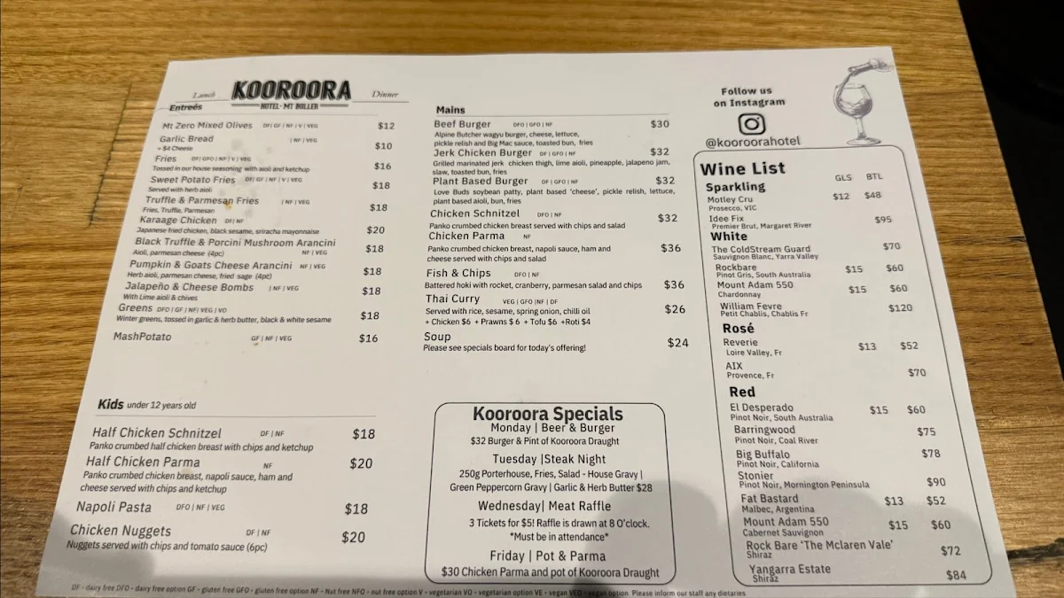 Menu, Kooroora Hotel