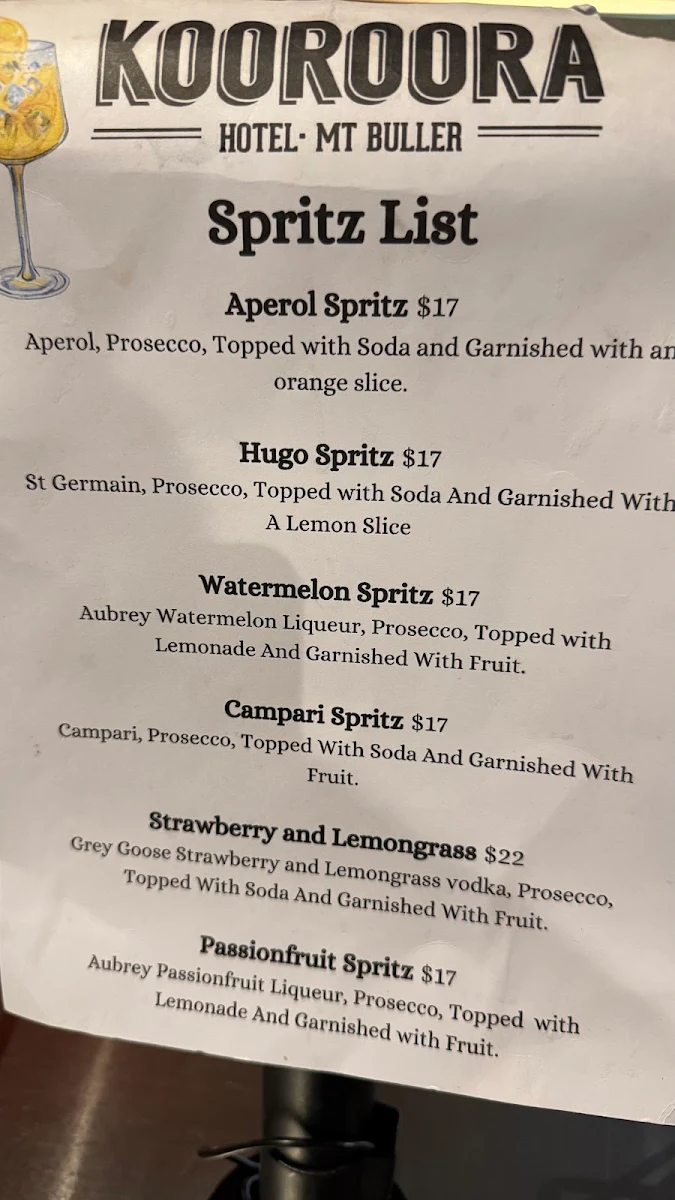 Menu, Kooroora Hotel