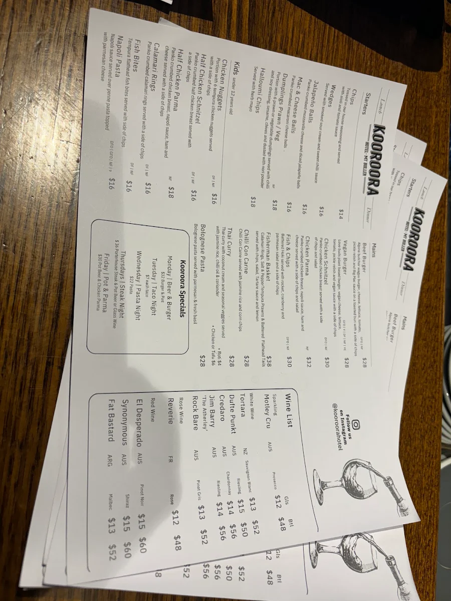 Menu, Kooroora Hotel