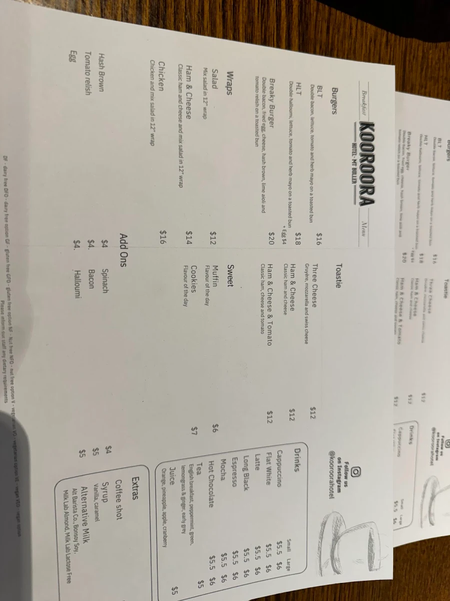 Menu, Kooroora Hotel