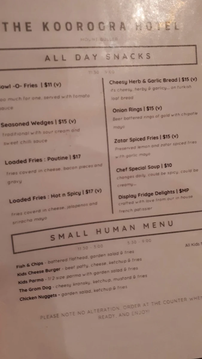 Menu, Kooroora Hotel
