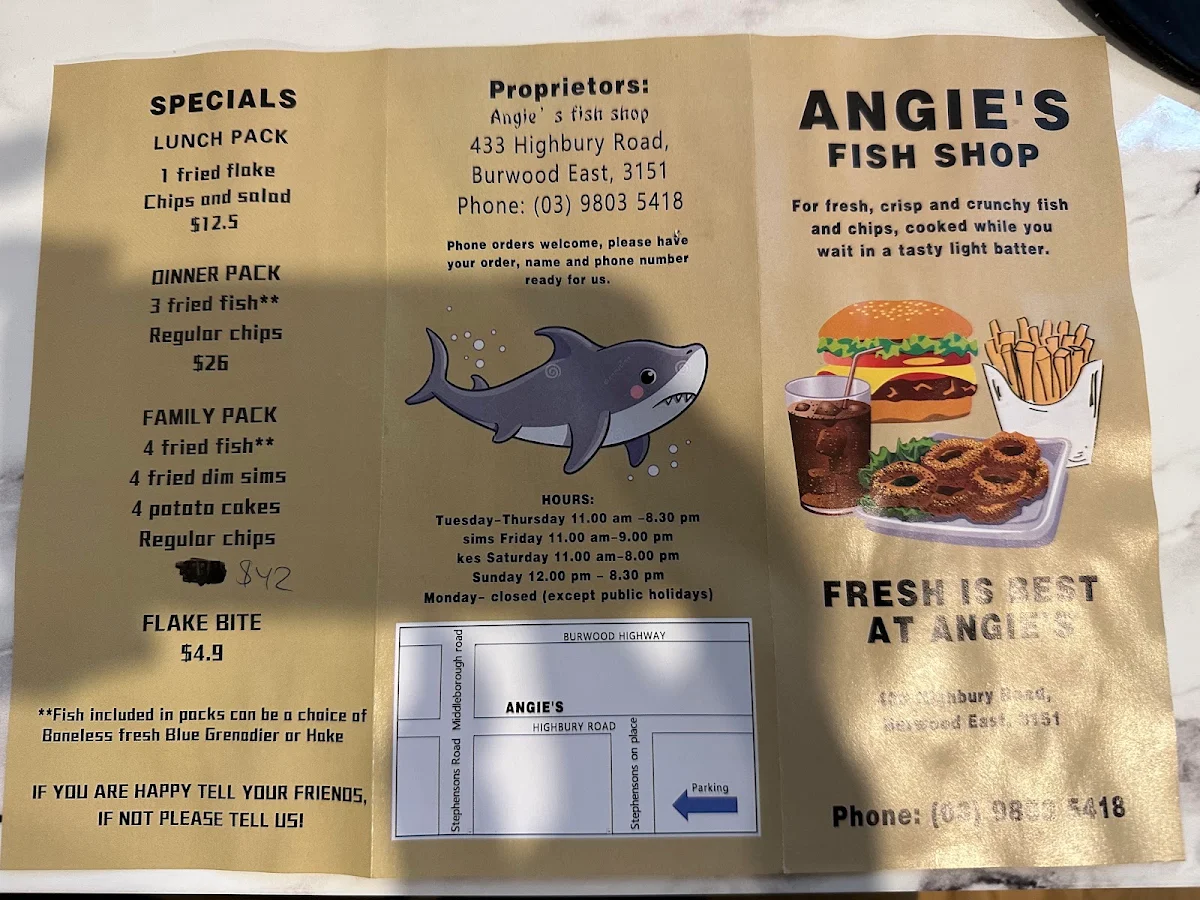 Menu, Angies Fish Shop