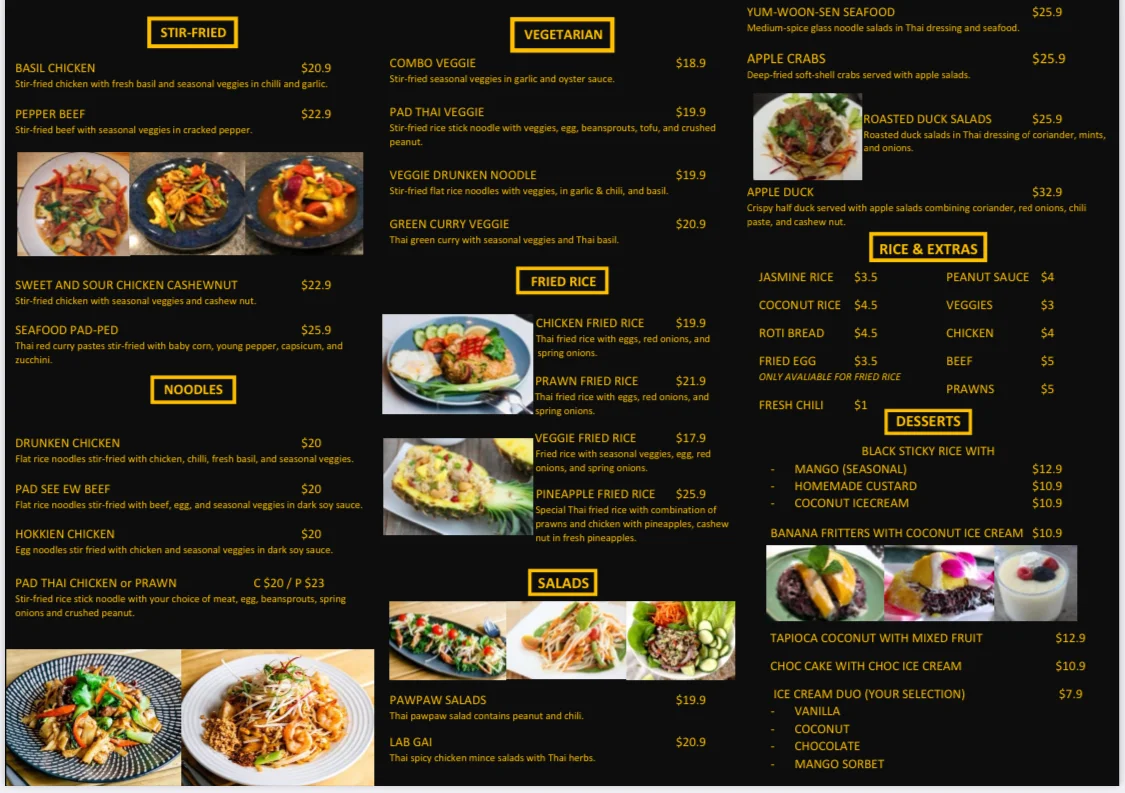 Menu, Bangkok Noi Hahndorf