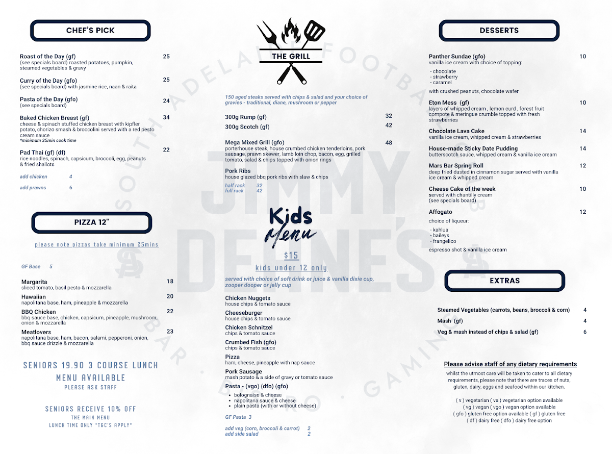 Menu, Jimmy Deane's Bar, Bistro & Gaming