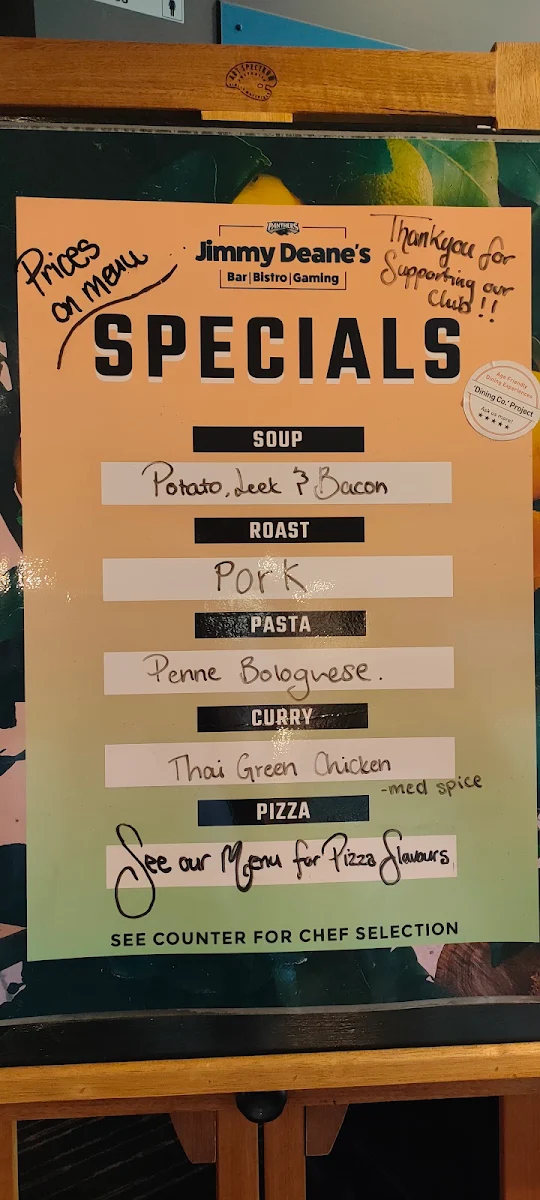 Menu, Jimmy Deane's Bar, Bistro & Gaming