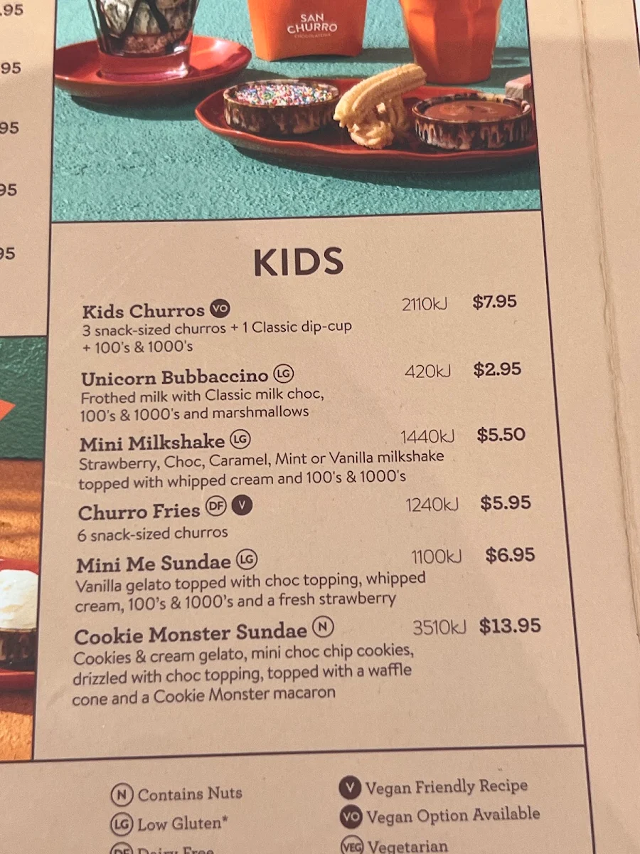 Menu, San Churro Surfers Paradise
