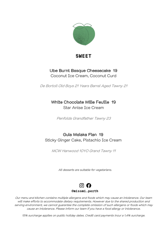 Menu, Miss Mi Perth