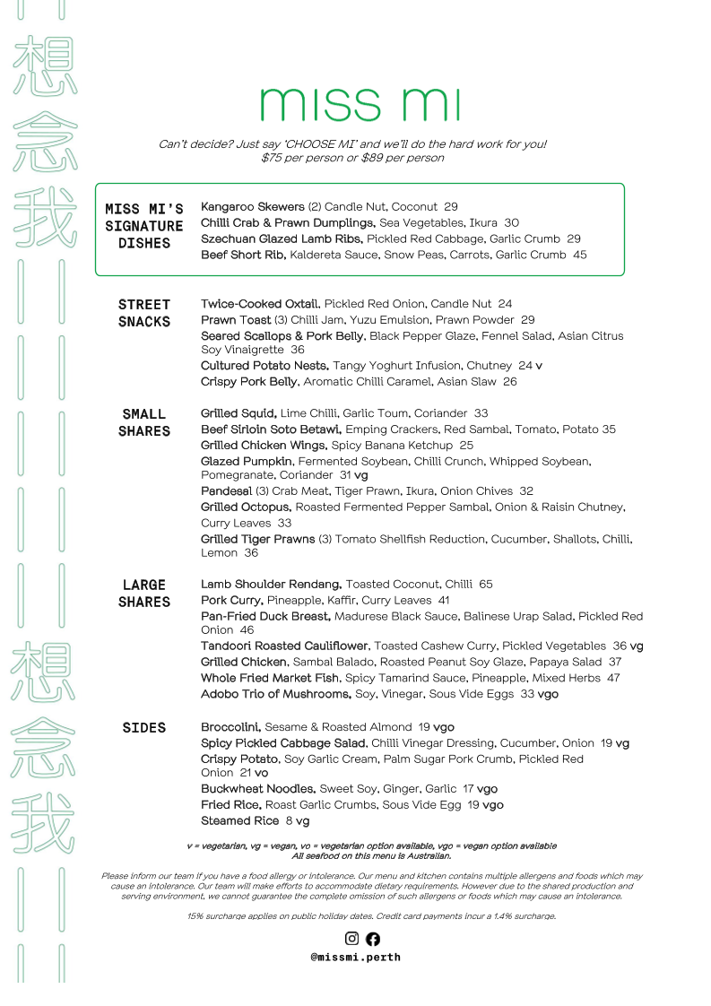 Menu, Miss Mi Perth