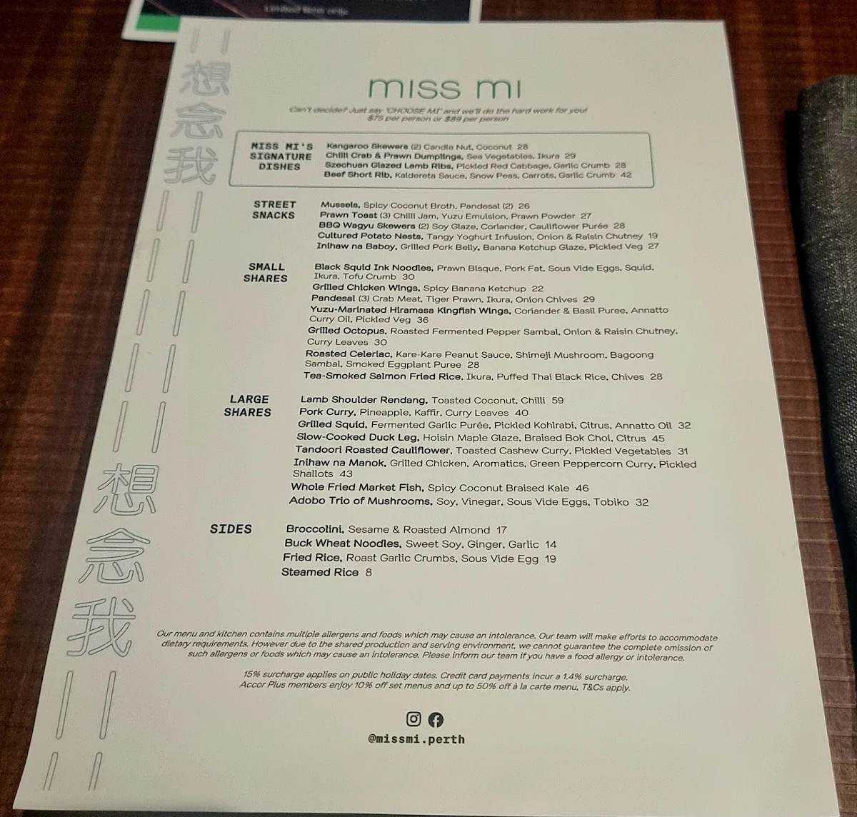 Menu, Miss Mi Perth