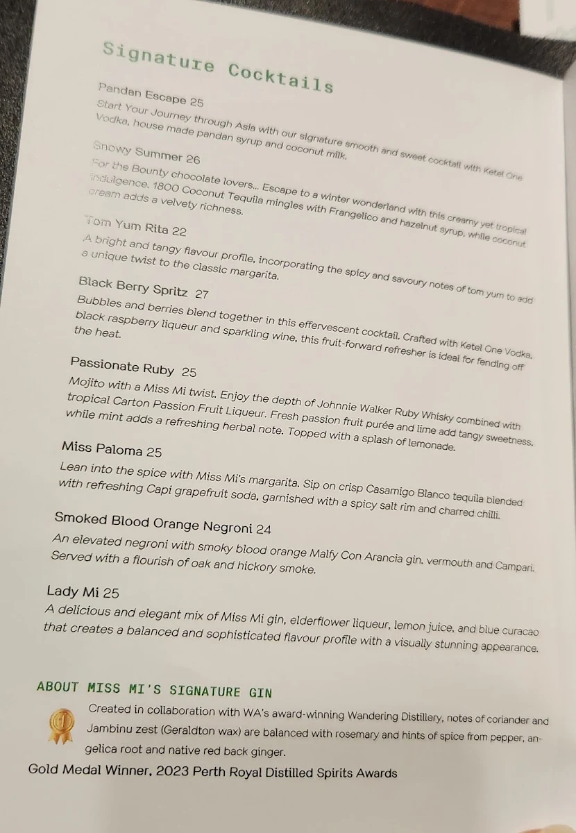 Menu, Miss Mi Perth