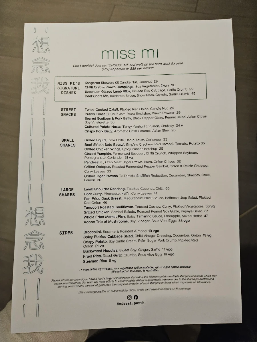 Menu, Miss Mi Perth