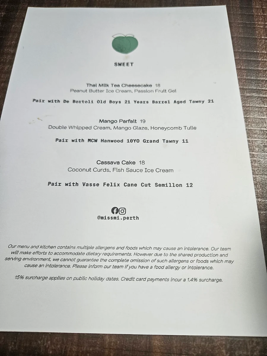 Menu, Miss Mi Perth