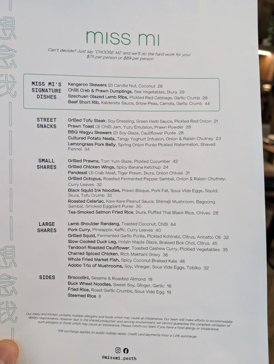 Menu, Miss Mi Perth