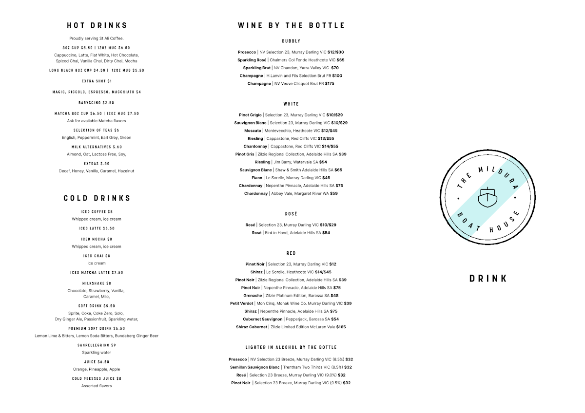 Menu, The Mildura Boathouse
