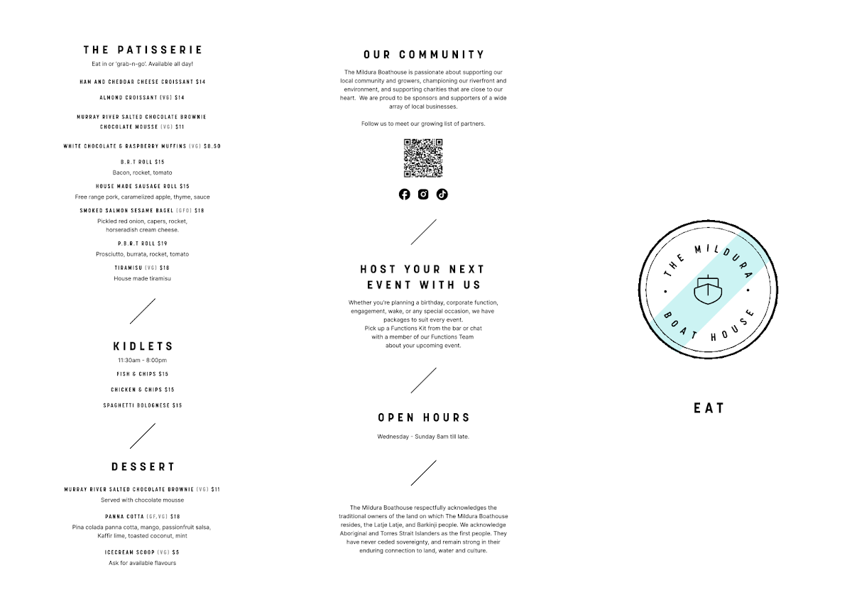 Menu, The Mildura Boathouse