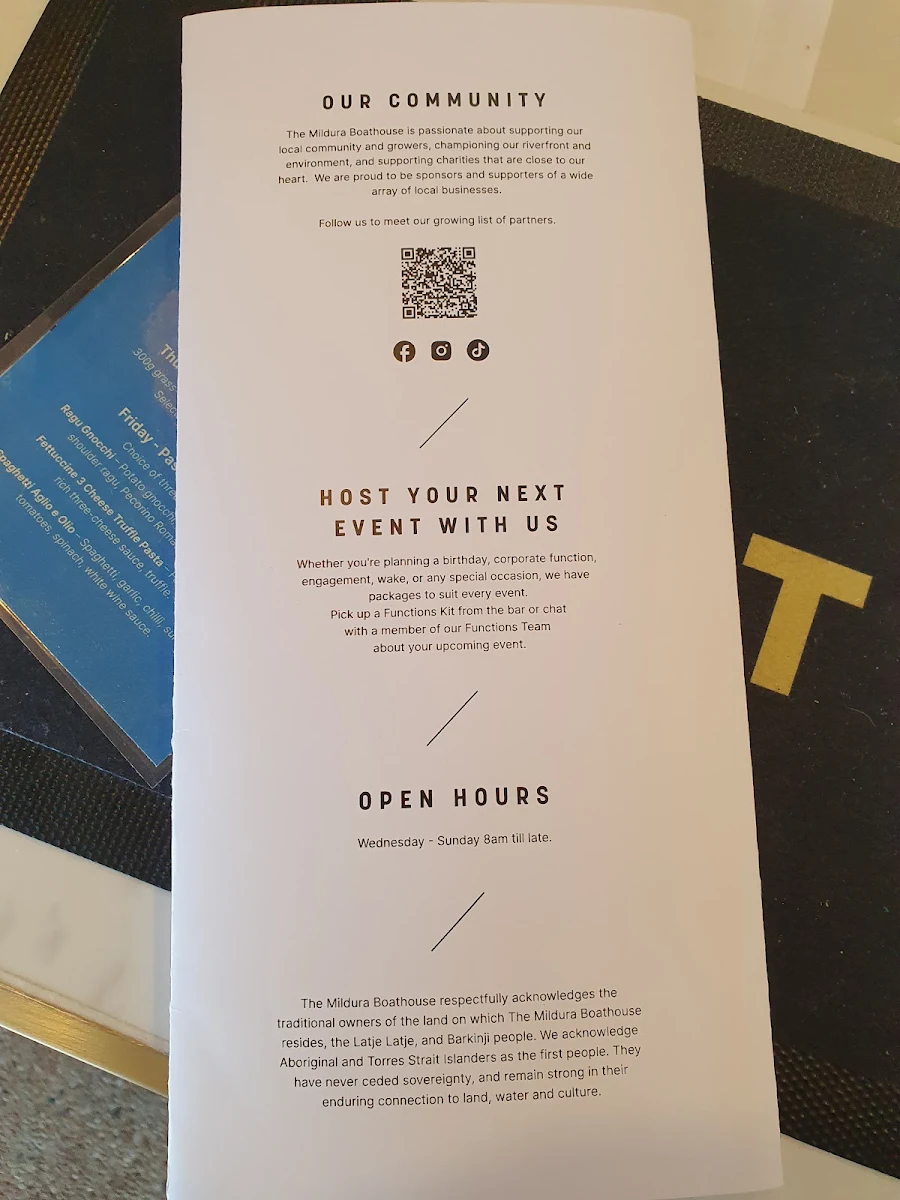Menu, The Mildura Boathouse