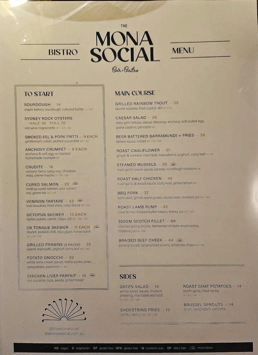 Menu, The Mona Social