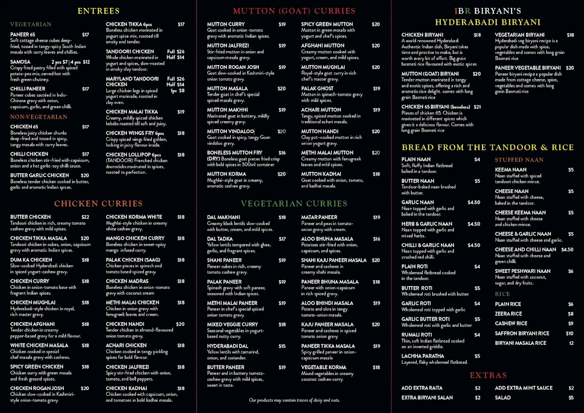 Menu, Indian Biryani Restaurant Newcastle