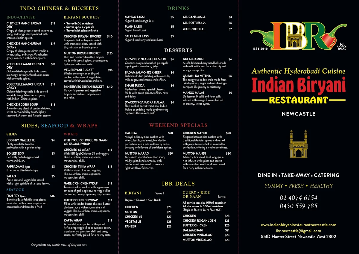 Menu, Indian Biryani Restaurant Newcastle