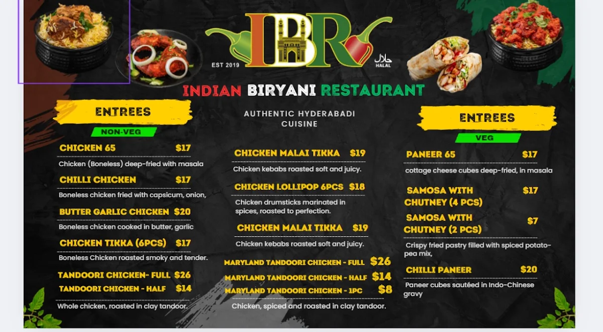 Menu, Indian Biryani Restaurant Newcastle