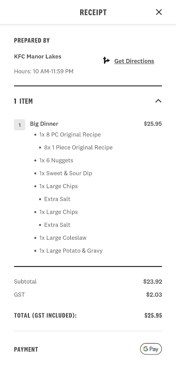 Menu, KFC Manor Lakes