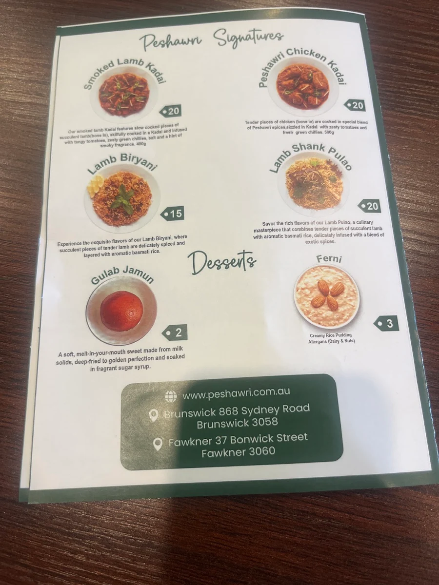Menu, Peshawri Brunswick