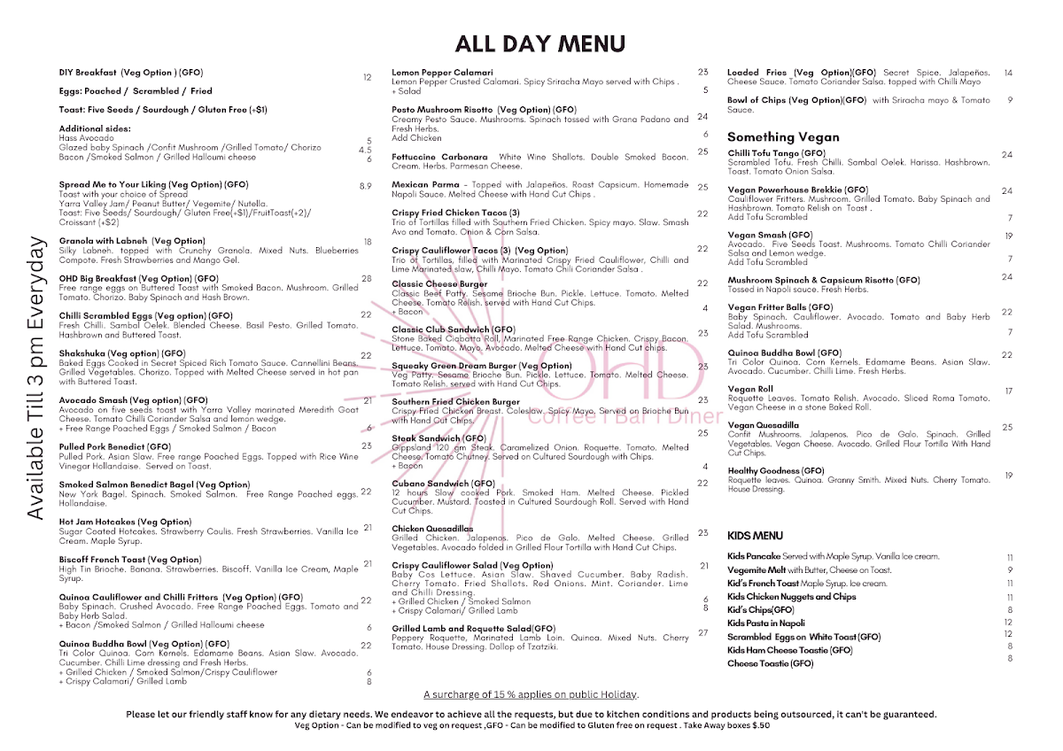 Menu, Oh Happy Day Cafe