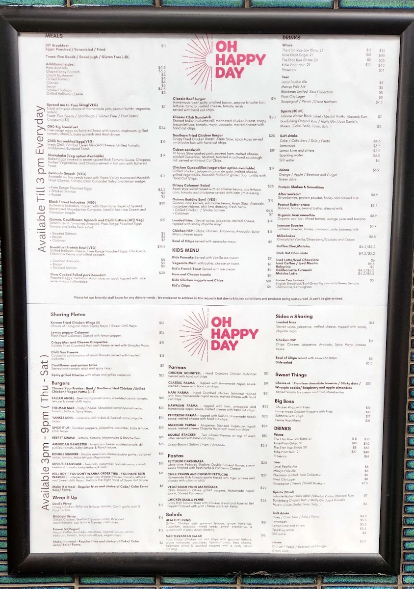 Menu, Oh Happy Day Cafe