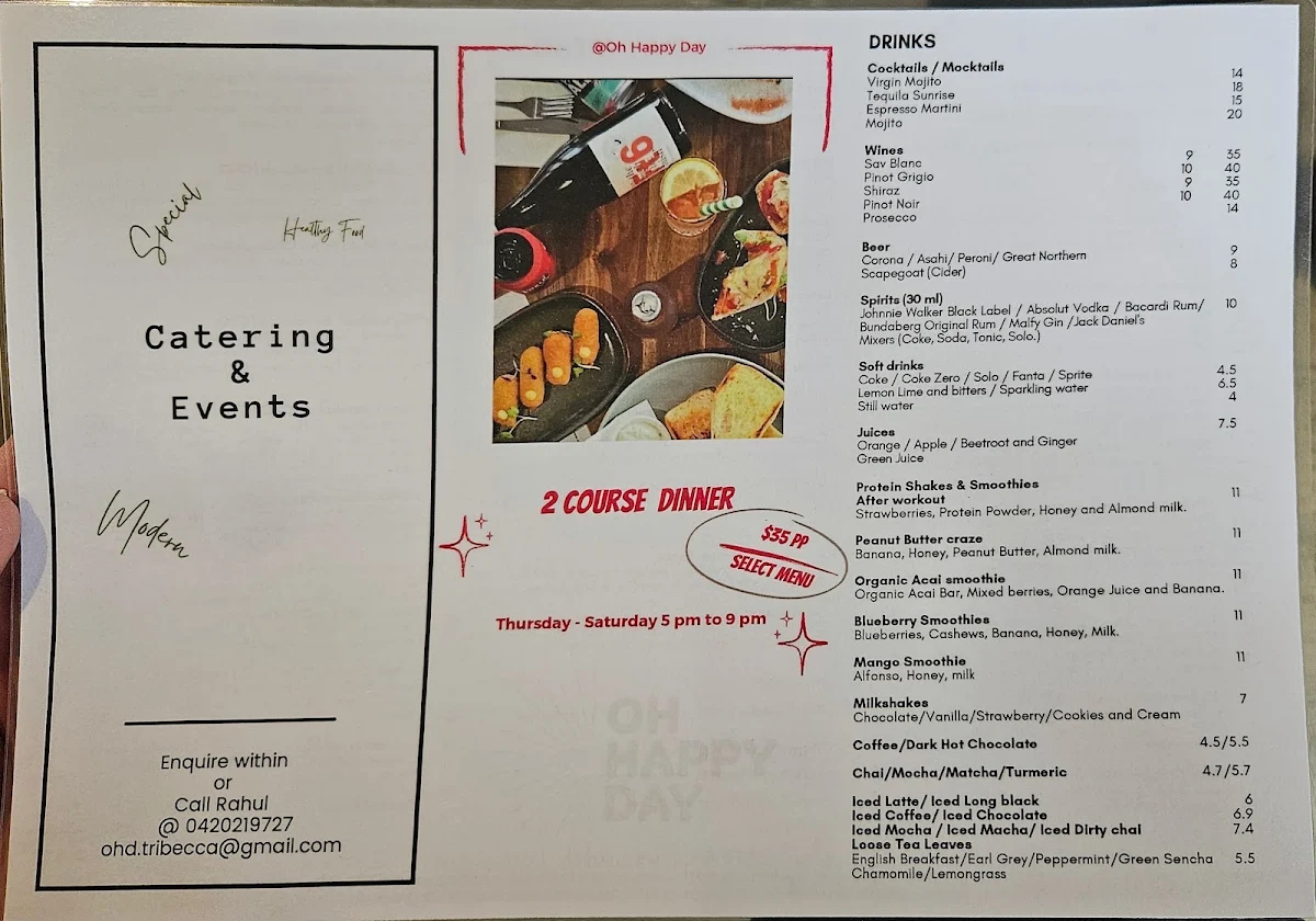 Menu, Oh Happy Day Cafe