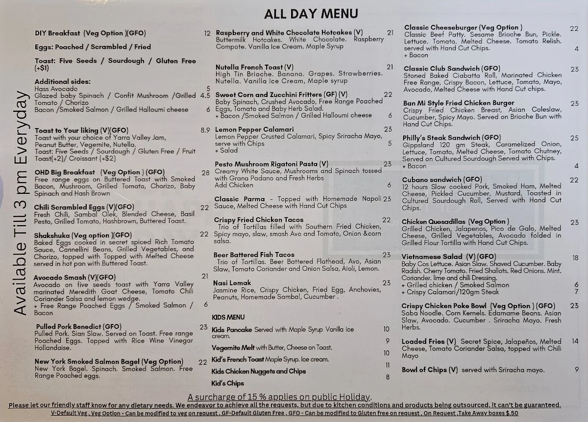 Menu, Oh Happy Day Cafe