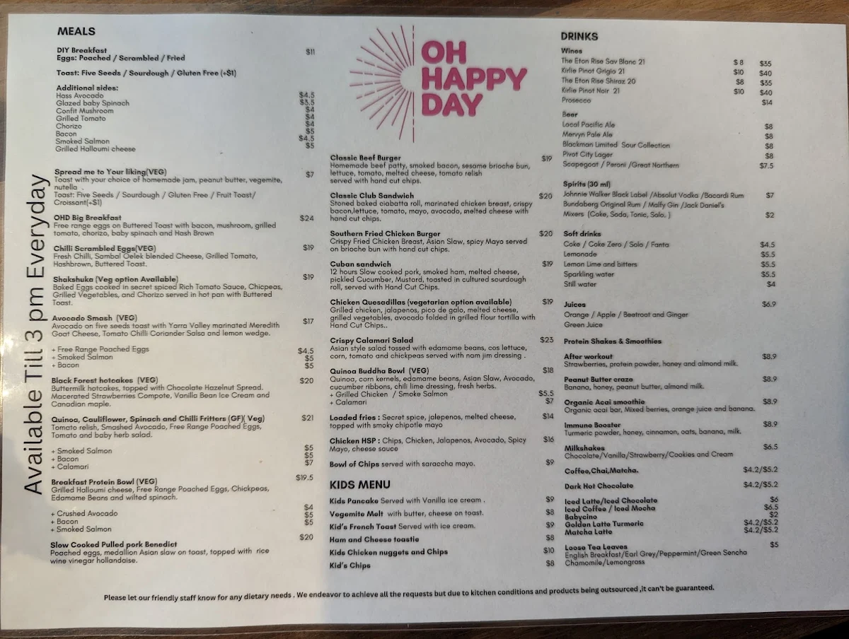 Menu, Oh Happy Day Cafe