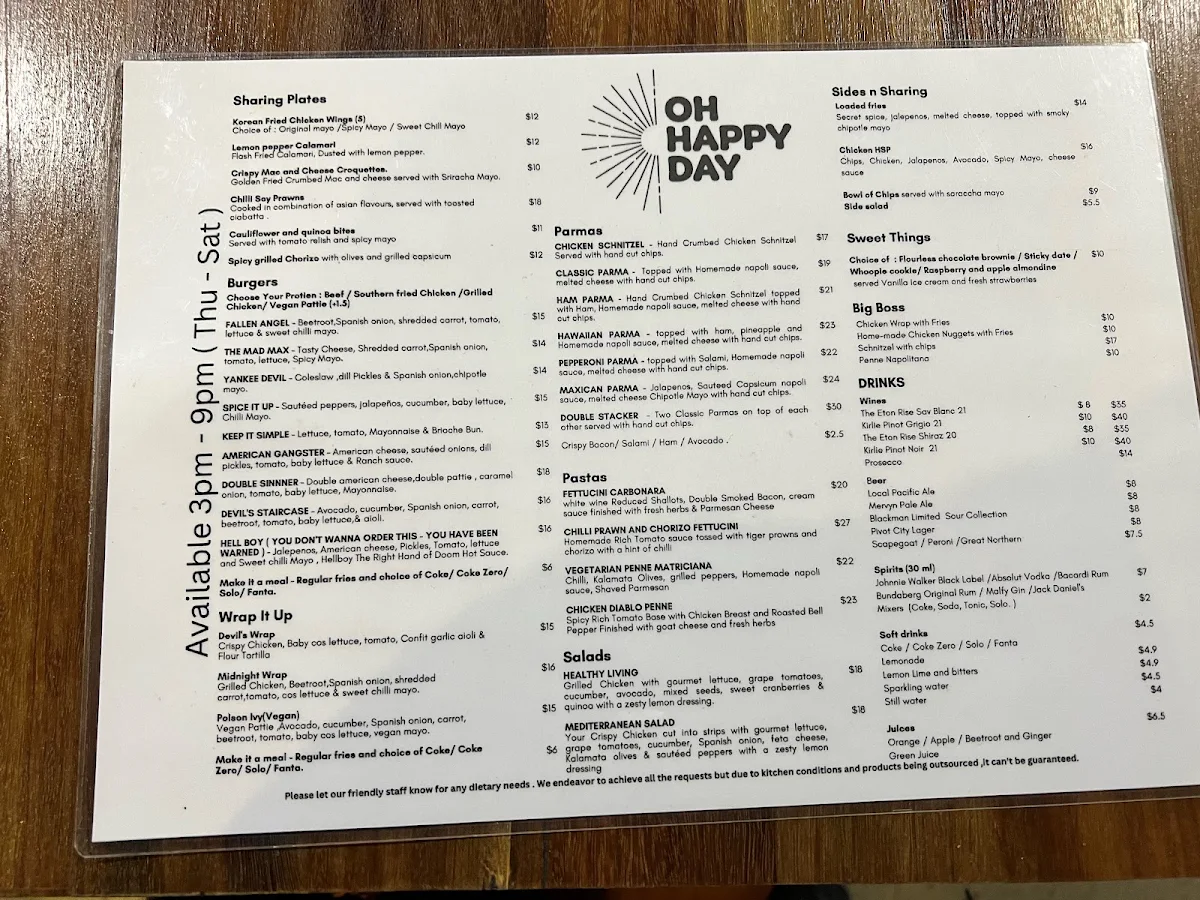Menu, Oh Happy Day Cafe