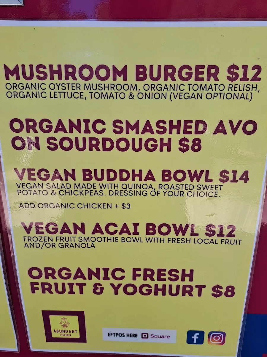 Menu, Abundant Food Truck