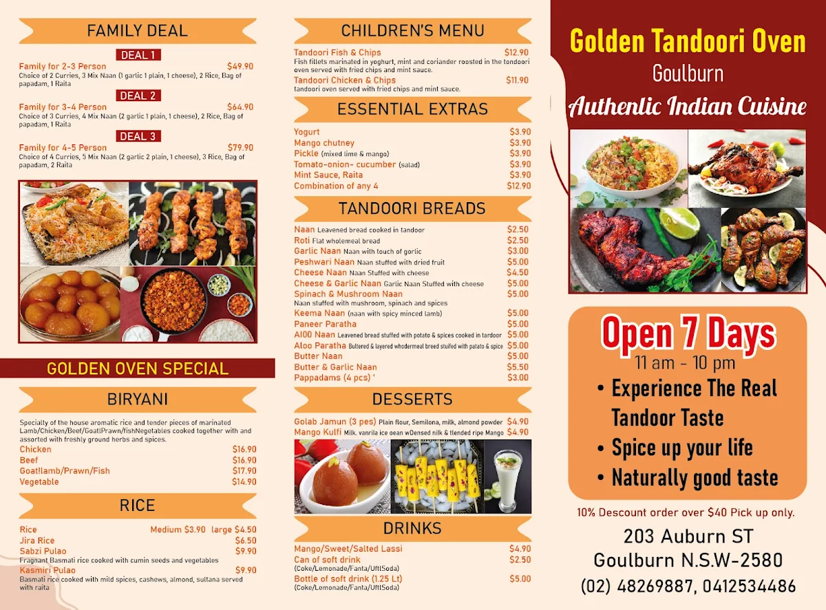 Menu, Golden Tandoori Oven