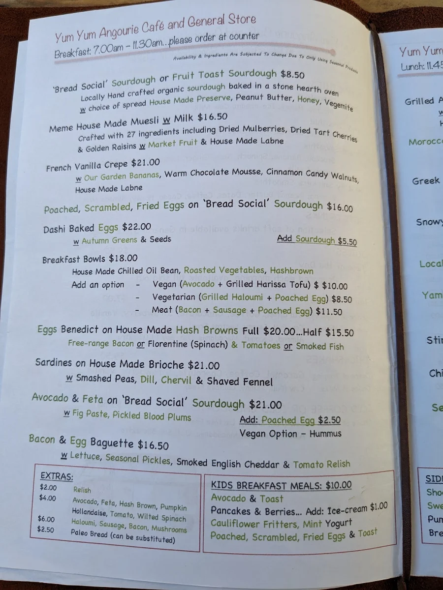 Menu, Yum Yum Angourie Cafe & General Store