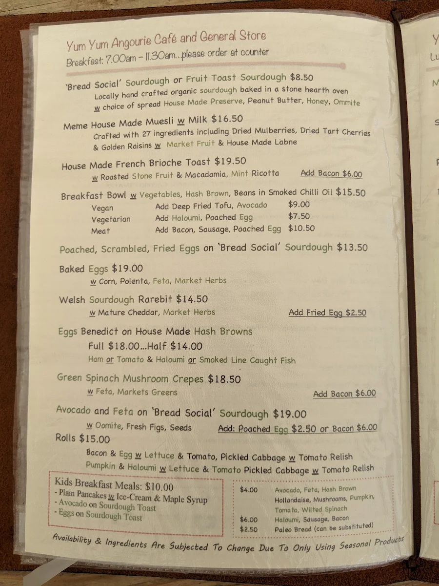 Menu, Yum Yum Angourie Cafe & General Store