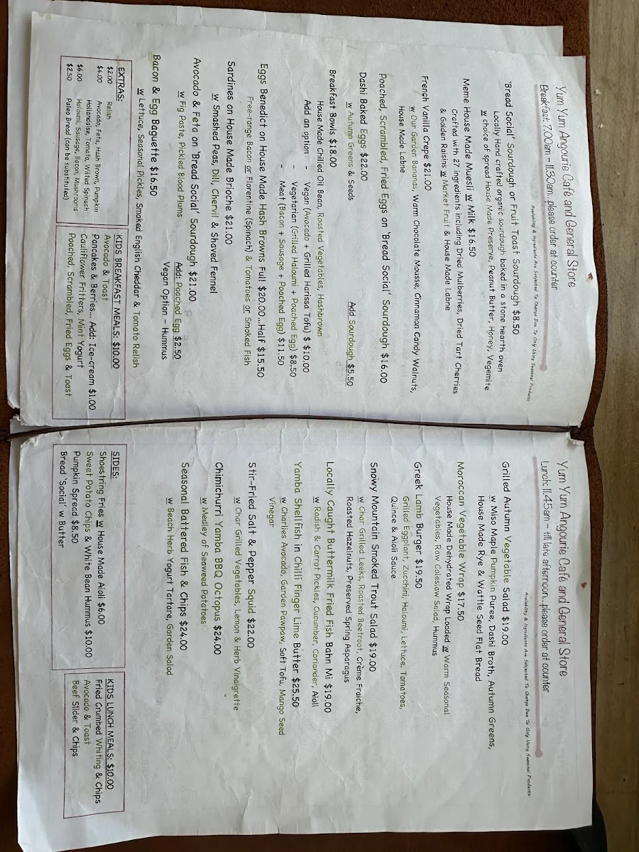 Menu, Yum Yum Angourie Cafe & General Store