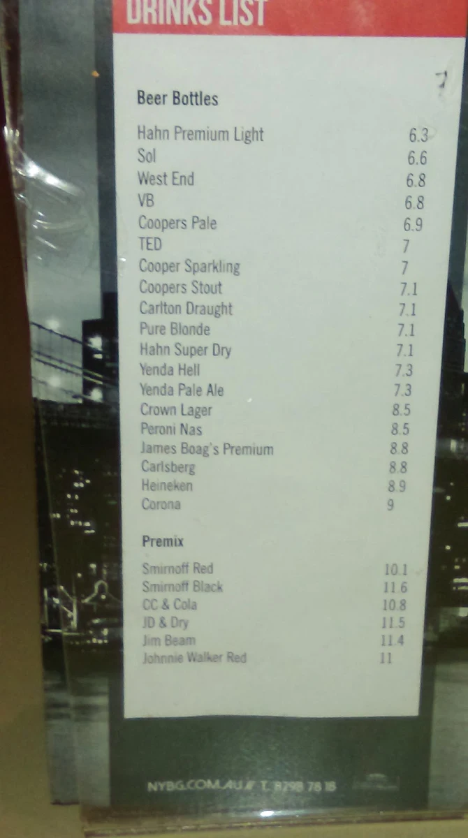 Menu, New York Bar & Grill
