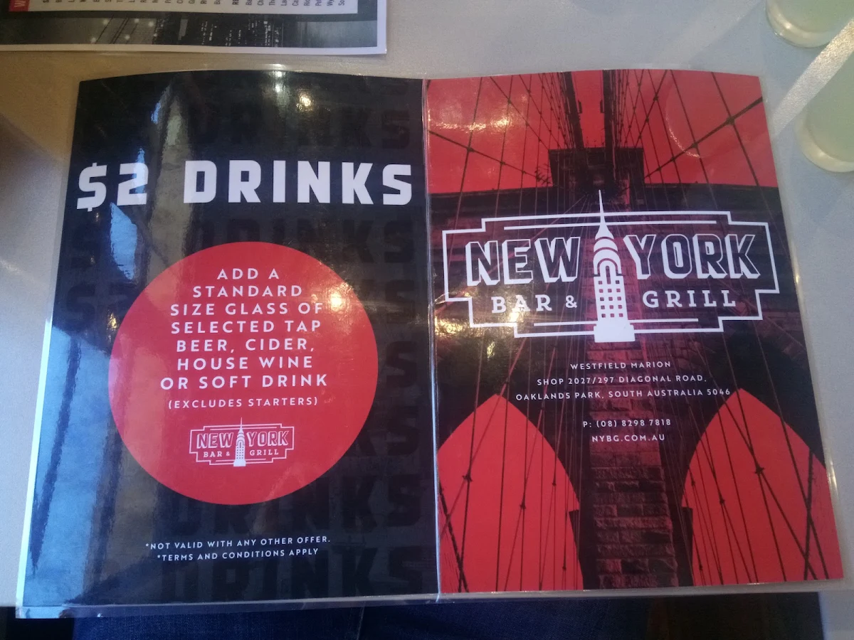 Menu, New York Bar & Grill