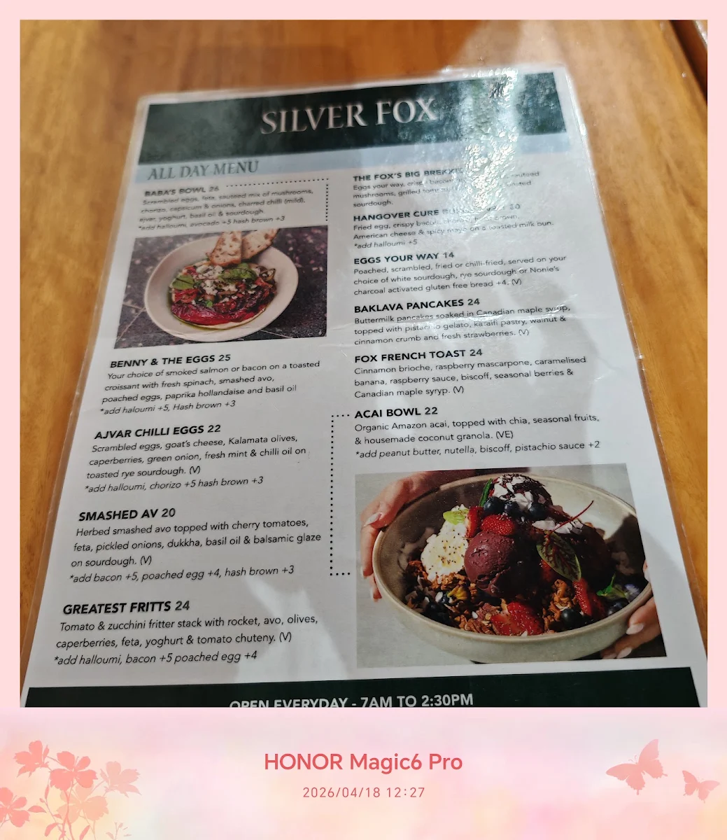 Menu, Silver Fox Cafe